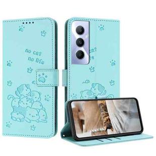 For Realme C65 4G Global Embossed Kitten Phone Leather Case with Lanyard(Mint Green)