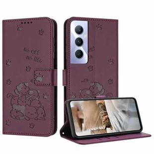 For Realme C65 4G Global Embossed Kitten Phone Leather Case with Lanyard(Wine Red)