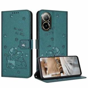 For Realme C67 4G Global Embossed Kitten Phone Leather Case with Lanyard(Dark Green)