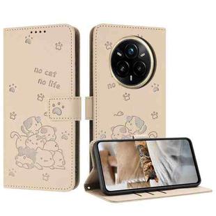 For Realme 14 Pro Embossed Kitten Phone Leather Case with Lanyard(Beige)