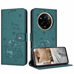 For Realme 14 Pro Embossed Kitten Phone Leather Case with Lanyard(Dark Green)