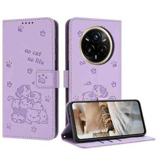 For Realme 14 Pro+ Embossed Kitten Phone Leather Case with Lanyard(Purple)