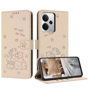 For Realme 14 / P3 5G / 14T 5G Embossed Kitten Phone Leather Case with Lanyard(Beige)