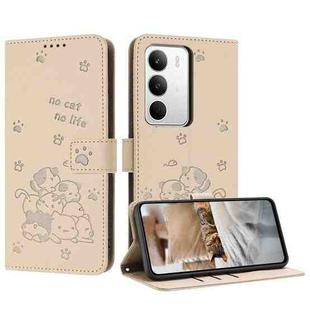 For Realme C71 4G Embossed Kitten Phone Leather Case with Lanyard(Beige)