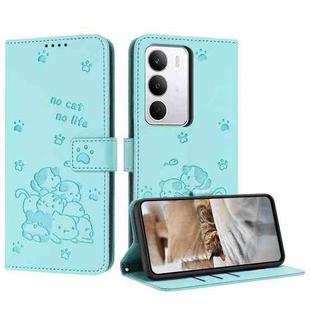 For Realme C71 4G Embossed Kitten Phone Leather Case with Lanyard(Mint Green)