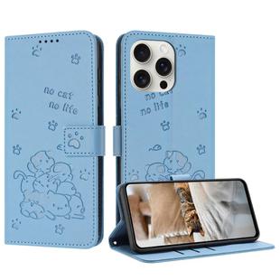 For iPhone 15 Pro Max Embossed Kitten Phone Leather Case with Lanyard(Blue)