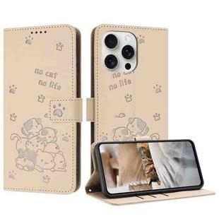 For iPhone 15 Pro Embossed Kitten Phone Leather Case with Lanyard(Beige)