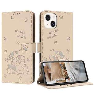 For iPhone 15 Plus Embossed Kitten Phone Leather Case with Lanyard(Beige)