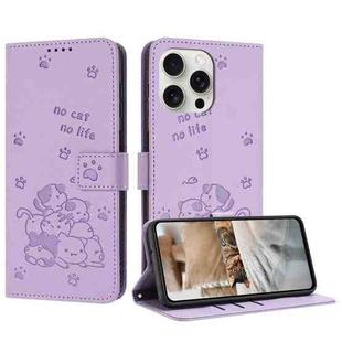 For iPhone 14 Pro Embossed Kitten Phone Leather Case with Lanyard(Purple)