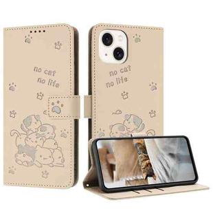 For iPhone 14 / 13 Embossed Kitten Phone Leather Case with Lanyard(Beige)