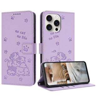 For iPhone 13 Pro Max Embossed Kitten Phone Leather Case with Lanyard(Purple)