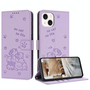 For iPhone 13 mini Embossed Kitten Phone Leather Case with Lanyard(Purple)