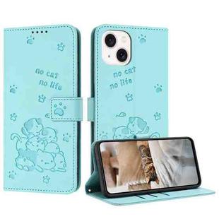 For iPhone 13 mini Embossed Kitten Phone Leather Case with Lanyard(Mint Green)