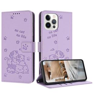 For iPhone 12 Pro Max Embossed Kitten Phone Leather Case with Lanyard(Purple)