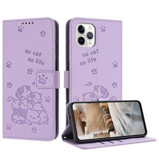 For iPhone 11 Pro Max Embossed Kitten Phone Leather Case with Lanyard(Purple)