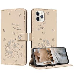 For iPhone 11 Pro Max Embossed Kitten Phone Leather Case with Lanyard(Beige)