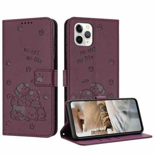 For iPhone 11 Pro Embossed Kitten Phone Leather Case with Lanyard(Wine Red)