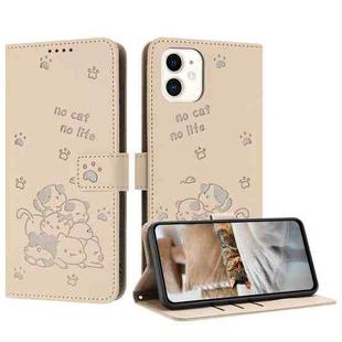 For iPhone 11 Embossed Kitten Phone Leather Case with Lanyard(Beige)