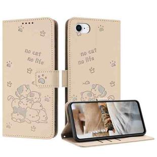 For iPhone SE 2022 / 2020 Embossed Kitten Phone Leather Case with Lanyard(Beige)