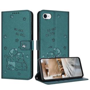 For iPhone SE 2022 / 2020 Embossed Kitten Phone Leather Case with Lanyard(Dark Green)