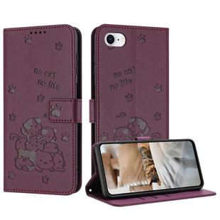 For iPhone SE 2022 / 2020 Embossed Kitten Phone Leather Case with Lanyard(Wine Red)