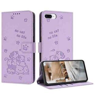 For iPhone 8 Plus / 7 Plus Embossed Kitten Phone Leather Case with Lanyard(Purple)