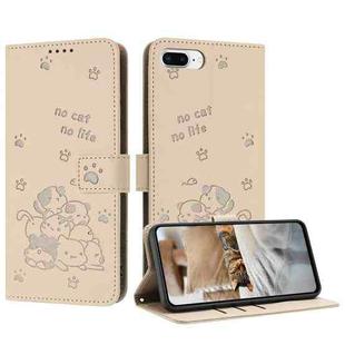 For iPhone 8 Plus / 7 Plus Embossed Kitten Phone Leather Case with Lanyard(Beige)