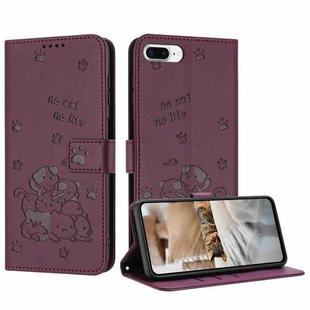 For iPhone 8 Plus / 7 Plus Embossed Kitten Phone Leather Case with Lanyard(Wine Red)