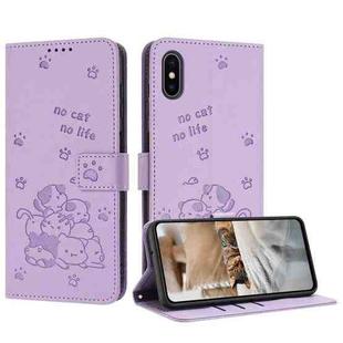 For iPhone XS / X Embossed Kitten Phone Leather Case with Lanyard(Purple)