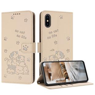 For iPhone XS / X Embossed Kitten Phone Leather Case with Lanyard(Beige)