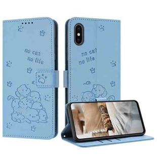 For iPhone XS / X Embossed Kitten Phone Leather Case with Lanyard(Blue)