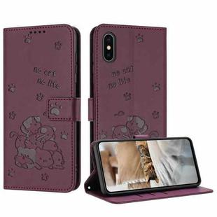 For iPhone XS Max Embossed Kitten Phone Leather Case with Lanyard(Wine Red)