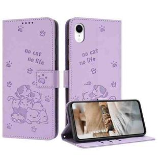 For iPhone XR Embossed Kitten Phone Leather Case with Lanyard(Purple)