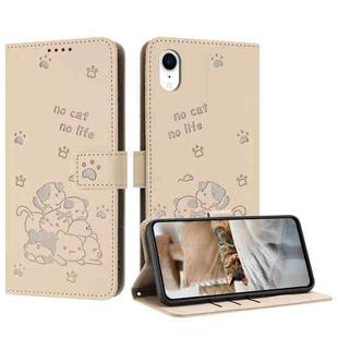 For iPhone XR Embossed Kitten Phone Leather Case with Lanyard(Beige)