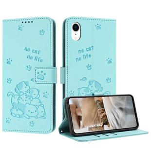 For iPhone XR Embossed Kitten Phone Leather Case with Lanyard(Mint Green)