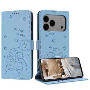 For iPhone 17 Pro Max Embossed Kitten Phone Leather Case with Lanyard(Blue)