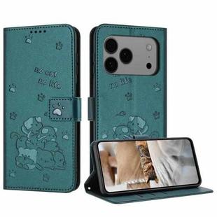 For iPhone 17 Pro Max Embossed Kitten Phone Leather Case with Lanyard(Dark Green)
