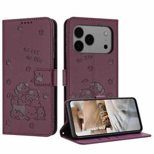 For iPhone 17 Pro Max Embossed Kitten Phone Leather Case with Lanyard(Wine Red)