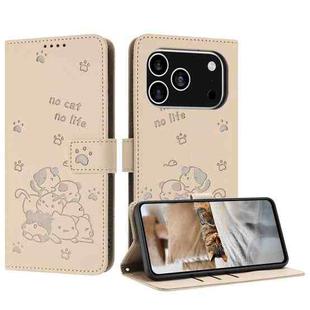 For iPhone 17 Pro Embossed Kitten Phone Leather Case with Lanyard(Beige)