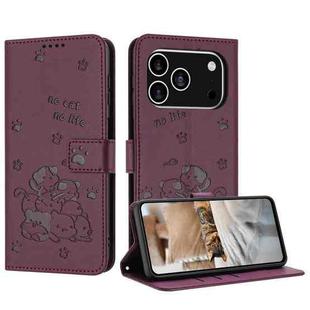For iPhone 17 Pro Embossed Kitten Phone Leather Case with Lanyard(Wine Red)