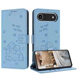 For iPhone 17 Air Embossed Kitten Phone Leather Case with Lanyard(Blue)