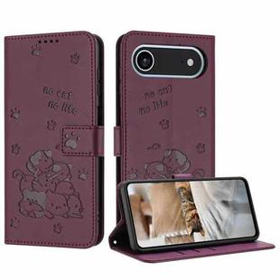 For iPhone 17 Air Embossed Kitten Phone Leather Case with Lanyard(Wine Red)