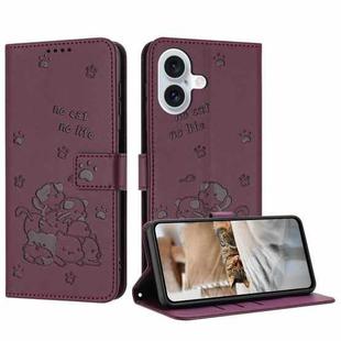 For iPhone 17 Embossed Kitten Phone Leather Case with Lanyard(Wine Red)