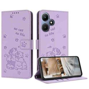 For Infinix Hot 30i Embossed Kitten Phone Leather Case with Lanyard(Purple)