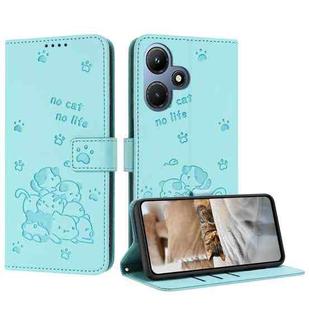 For Infinix Hot 30i Embossed Kitten Phone Leather Case with Lanyard(Mint Green)