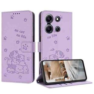 For Infinix Note 30i Embossed Kitten Phone Leather Case with Lanyard(Purple)