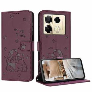 For Infinix Note 40 Pro 4G / 5G Embossed Kitten Phone Leather Case with Lanyard(Wine Red)