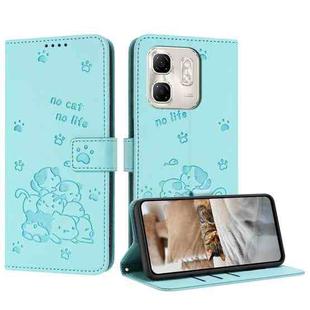 For Infinix Smart 9 5G / Hot 50i 5G Embossed Kitten Phone Leather Case with Lanyard(Mint Green)