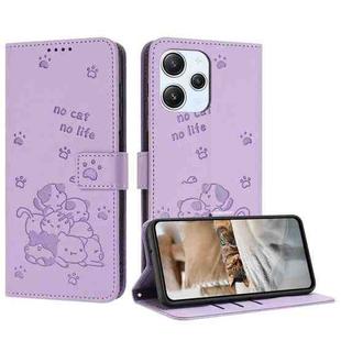 For Xiaomi Poco M6 Pro 5G Embossed Kitten Phone Leather Case with Lanyard(Purple)