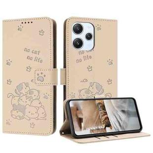 For Xiaomi Poco M6 Pro 5G Embossed Kitten Phone Leather Case with Lanyard(Beige)